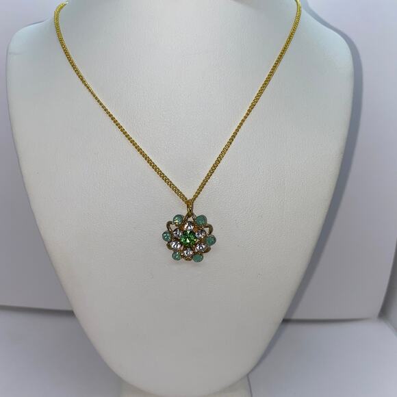 Gold-Tone Turquoise Green Rhinestone Necklace - Picture 1 of 8